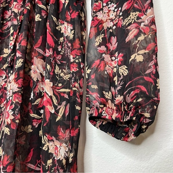 O.P.T. Long Puff Sleeve Floral Cinched Waist V Neck Sheer Maxi Dress Small NWT - Picture 5 of 12